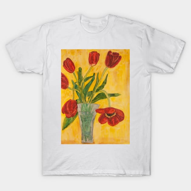 Red tulips  in vase on yellow background T-Shirt by IrinaAfonskaya